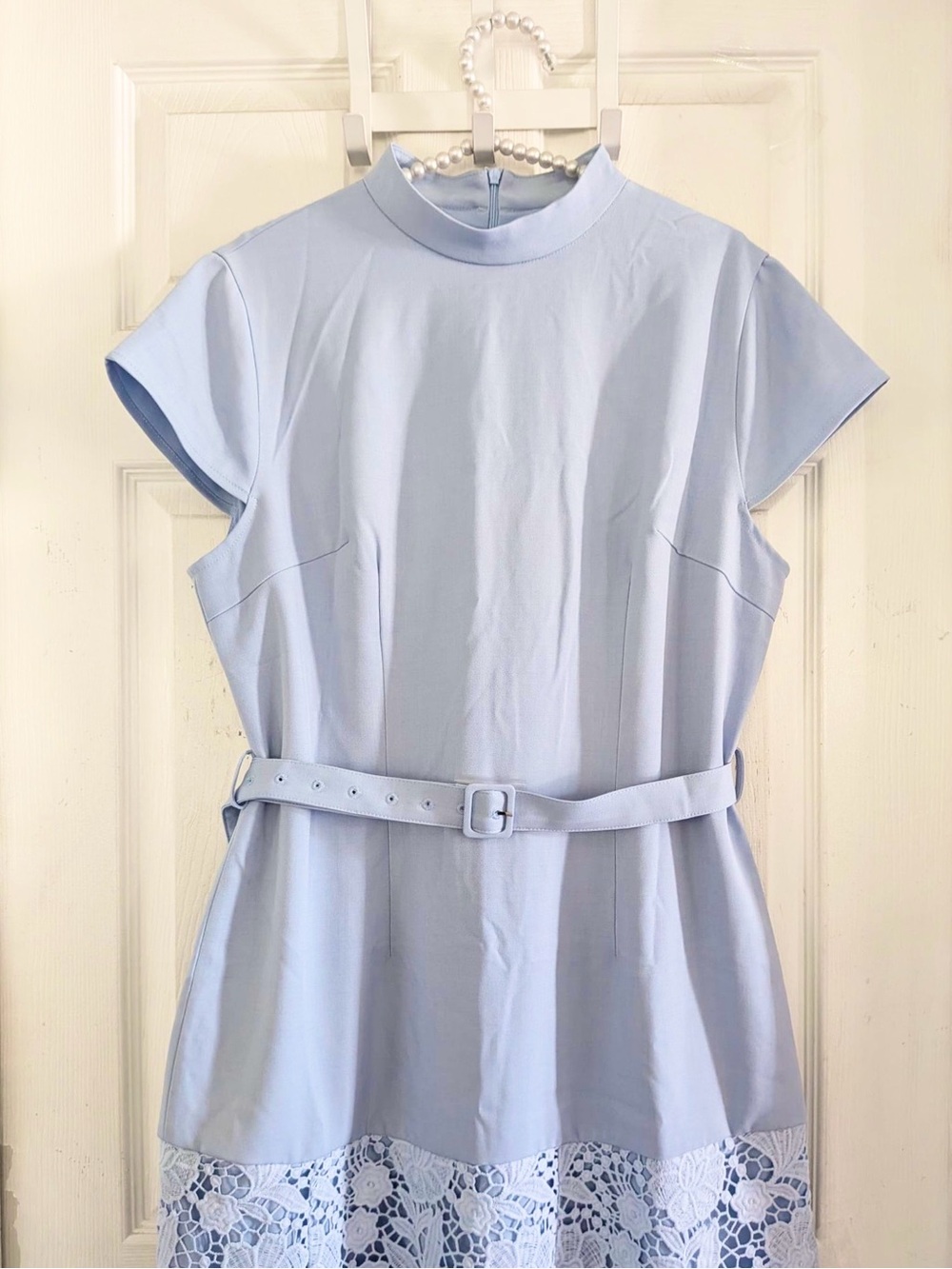 Commense Belted Short Sleeve Lace Hem Midi Dress - Picture 7 of 14